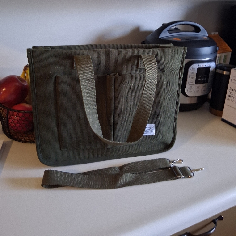 NWOT Olive Green Courduroy Tote Bag with Detachable Strap
